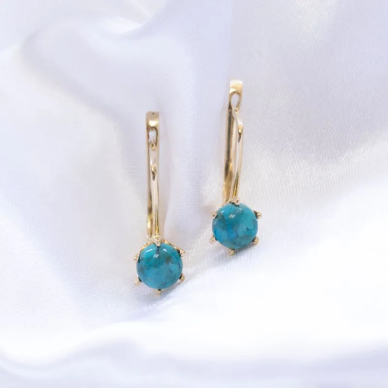 14K Yellow Gold Drop Earrings Inlaid With Turquoise