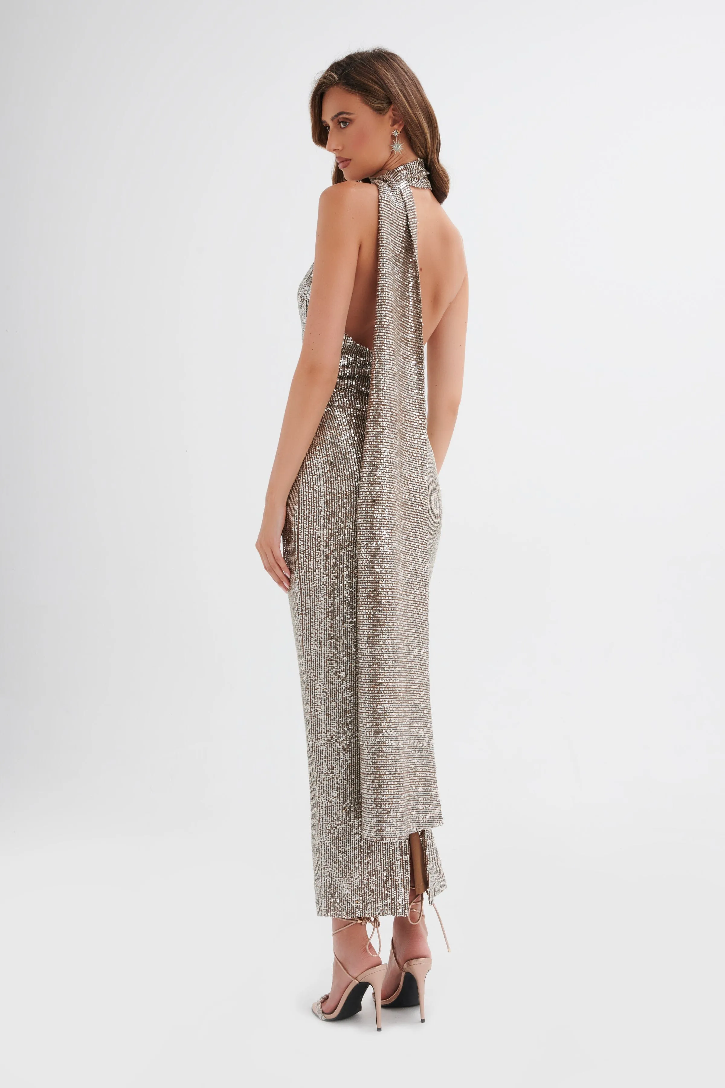 ALANNI Stretch Sequin Longline Scarf Maxi Dress in Silver