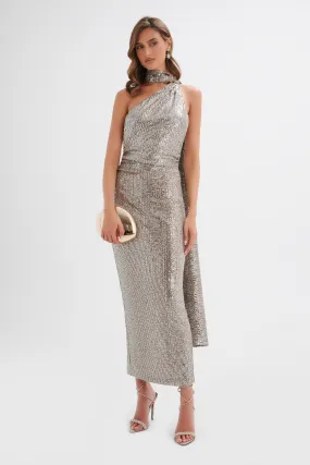 ALANNI Stretch Sequin Longline Scarf Maxi Dress in Silver