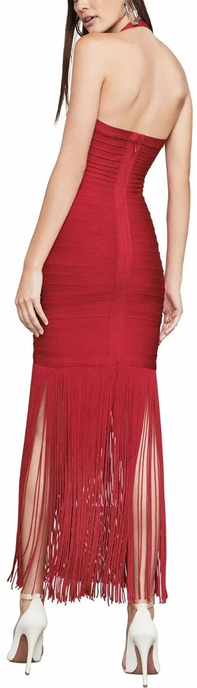 'Alexis' Bandage Fringe Halter Gown