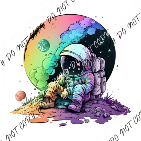 Astronaut Sitting with Colorful Moon Watercolor DTF Transfer