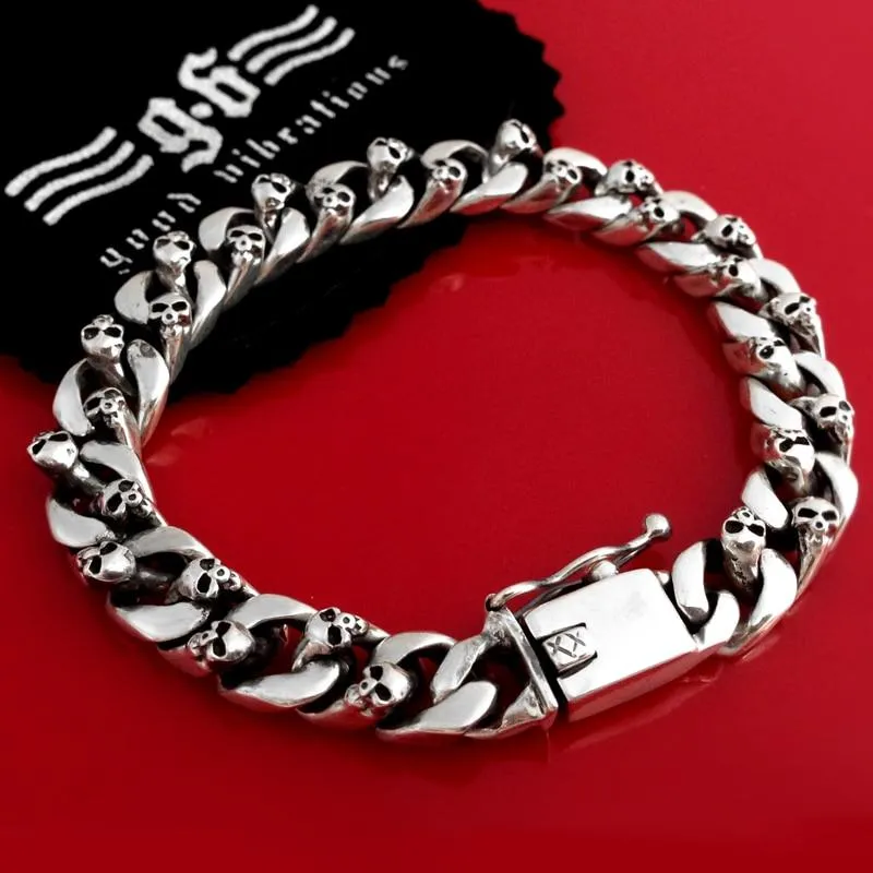 Authentic 925 Sterling Silver 8mm Skull Link Chain Punk Men's Bracelet