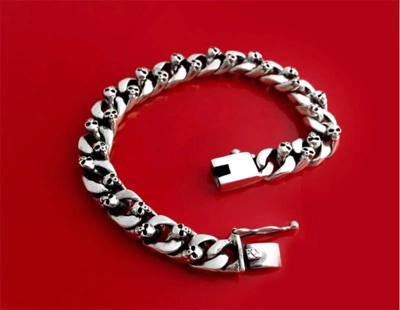 Authentic 925 Sterling Silver 8mm Skull Link Chain Punk Men's Bracelet