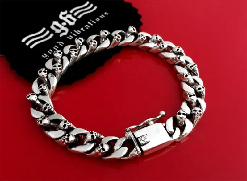 Authentic 925 Sterling Silver 8mm Skull Link Chain Punk Men's Bracelet