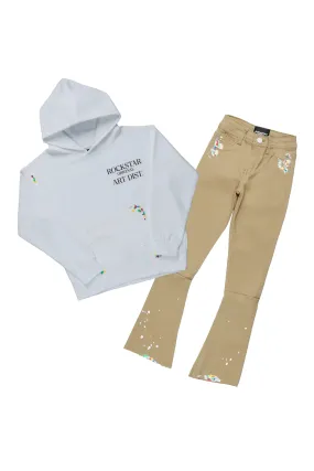 Boys Palmer White Hoodie/Beige Super Stacked Flare Jean Set