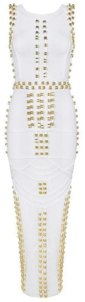 'Bradshaw' Gold Beaded Long Dress - White