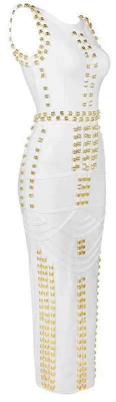 'Bradshaw' Gold Beaded Long Dress - White