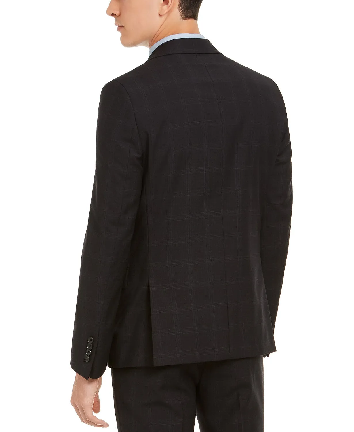 Calvin Klein Men's Skinny-Fit Stretch Black Plaid Suit Jacket, 38S