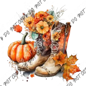 Cowboy Boots with Pumpkins and Flowers Watercolor DTF Transfer