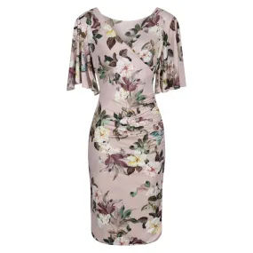 Dusky Pink Floral Print Butterfly Sleeve Slinky Pencil Cocktail Dress