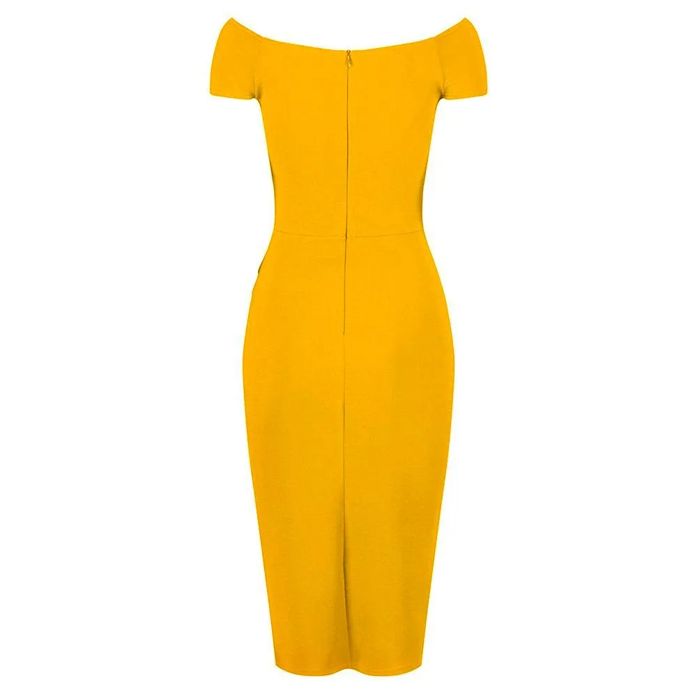 Honey Mustard Yellow Cap Sleeve Crossover Top Bardot Wiggle Dress