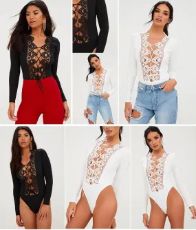 LONG SLEEVE LACE CROTCHET LACE-UP BODYSUIT