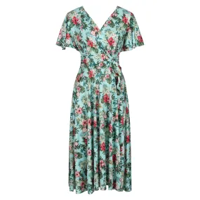 Mint Floral Print Cap Sleeve V Neck Wrap Top Swing Dress