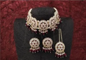 Red and White Necklace & Earring Set With Maang Tika