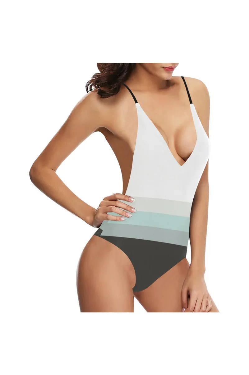 Three Band Gradient Sexy Lacing Backless One-Piece Swimsuit