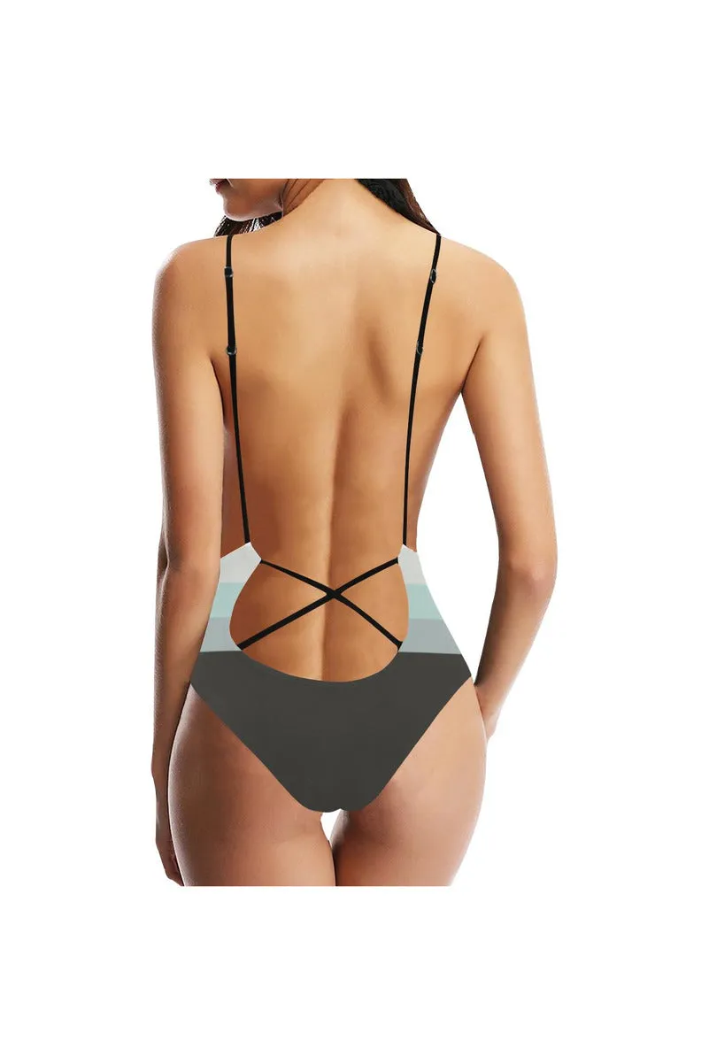 Three Band Gradient Sexy Lacing Backless One-Piece Swimsuit